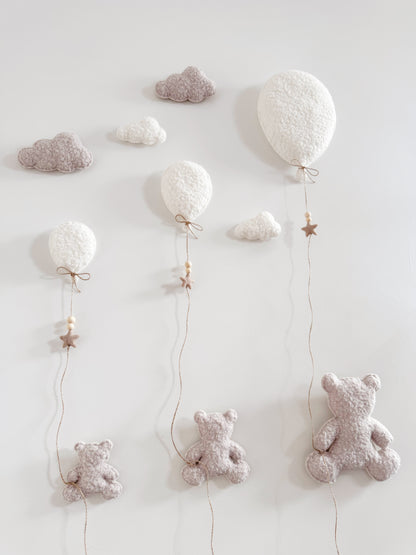 Family of 3 Teddy Bears with  Balloons & Clouds Wall Display Set - Ivory & Stone Bouclé