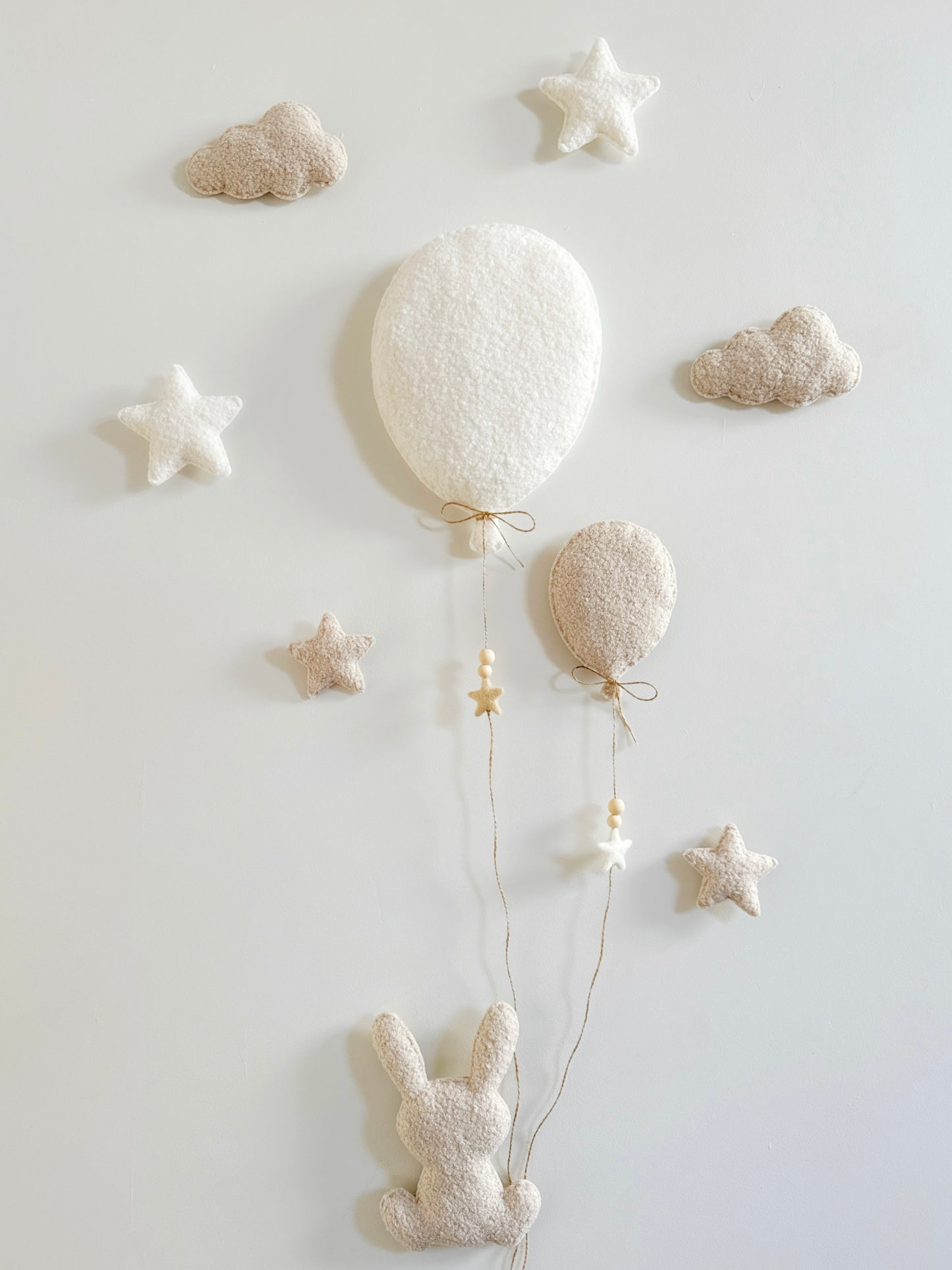 Balloons, Clouds & Stars Wall Display Set  - 2 Balloons - Large Bunny - Ivory & Ecru Bouclé