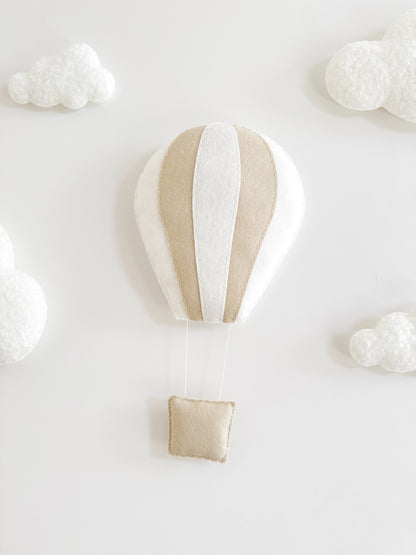 Layered Felt Hot Air Balloon & 4 Bouclé Clouds Wall Display Set - Neutral