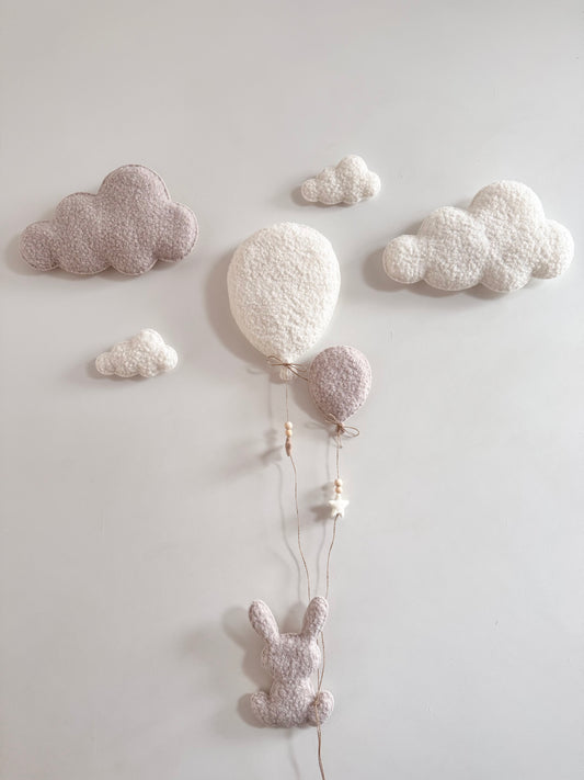 Balloons & Clouds Wall Display Set - 2 Balloons, Large Bunny - Ivory & Stone Bouclé