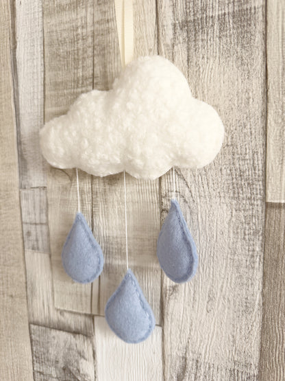 Small Bouclé Cloud & Raindrops Wall Hanger - Ivory & Baby Blue