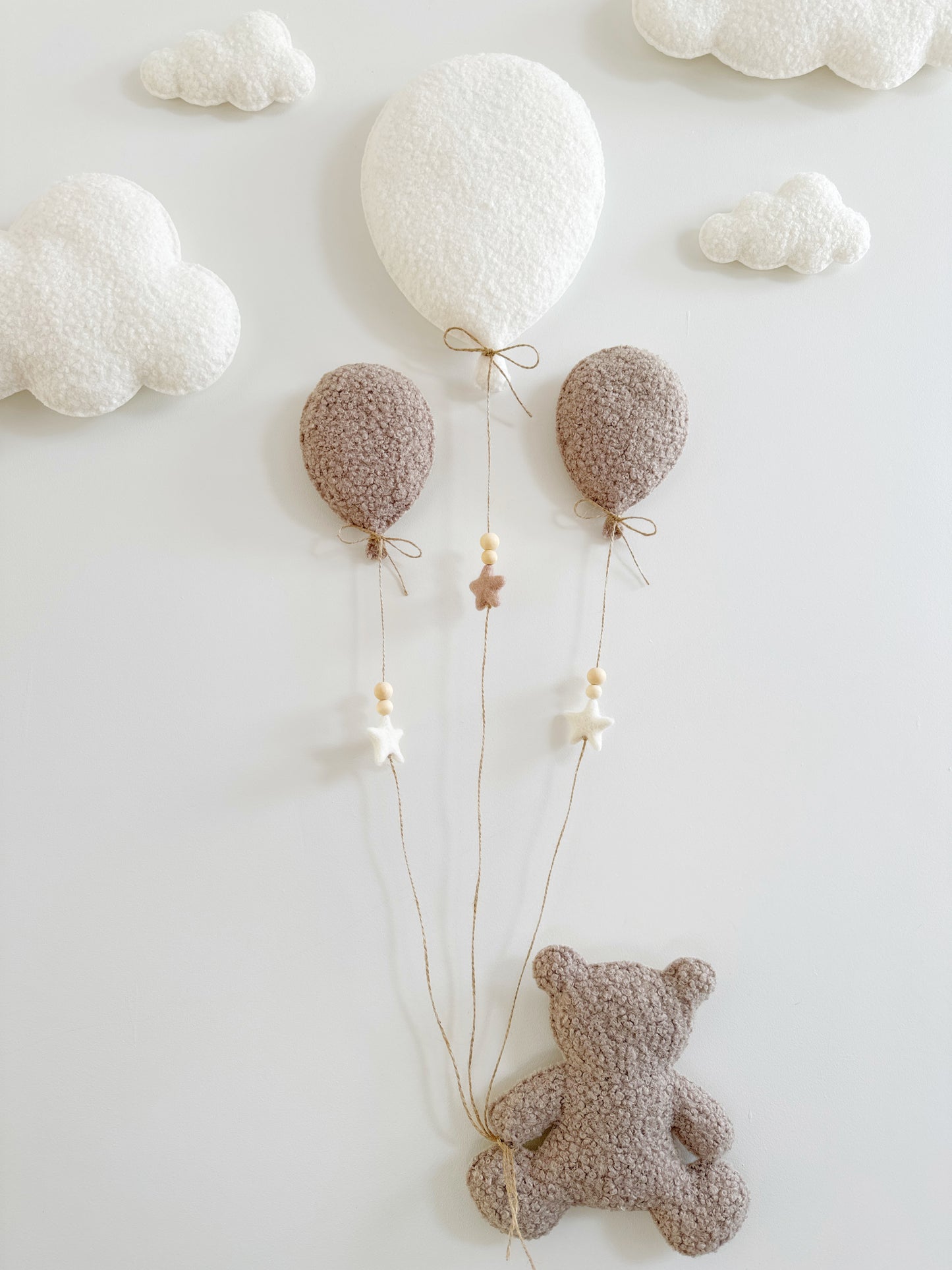 Balloons & Clouds Wall Display Set - 3 Balloons - Large Teddy Bear - Ivory & Taupe Bouclé