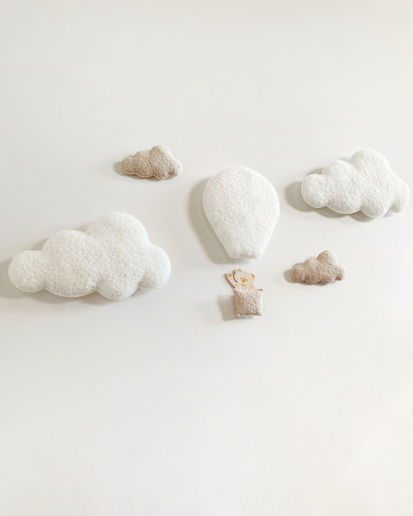 Hot Air Balloon, Clouds & Wooden Teddy Bear Wall Display Set - Ivory & Ecru Bouclé