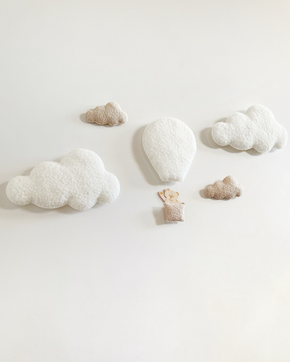 Hot Air Balloon, Clouds & Wooden Teddy Bear Wall Display Set - Ivory & Ecru Bouclé