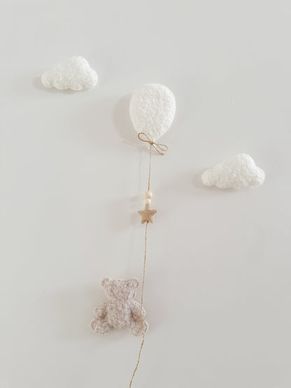 Mini Baby Bear Wall Display Set - Balloon & Teddy Bear with Clouds - Ivory & Stone Bouclé