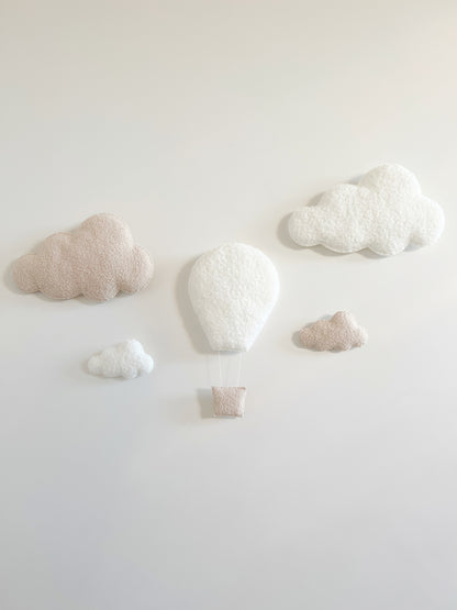 Hot Air Balloon & Clouds Wall Display Set - XL & Small Clouds - Ivory & Ecru Bouclé