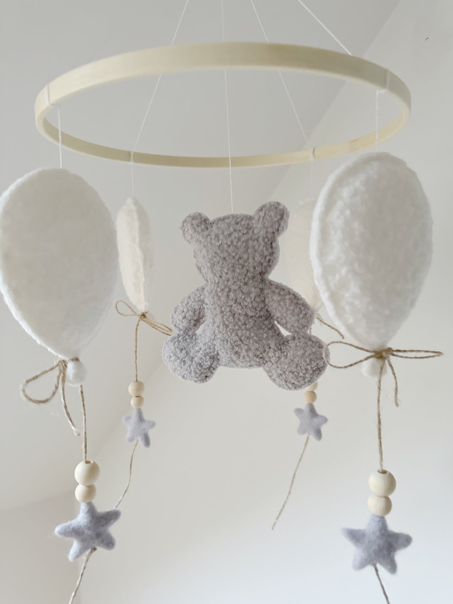 Teddy Bear & Balloons Bouclé Cot Mobile - Ivory & Light Grey