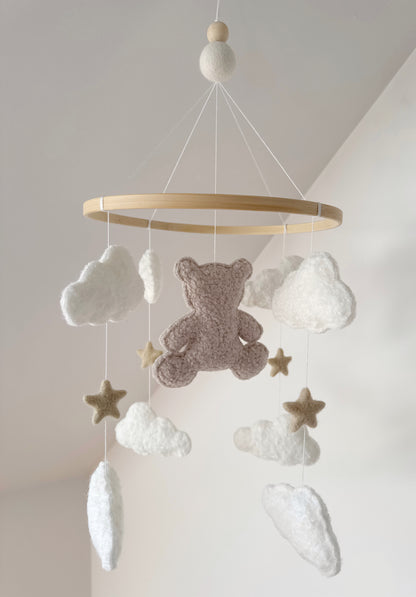 Teddy Bear & Clouds Bouclé Cot Mobile