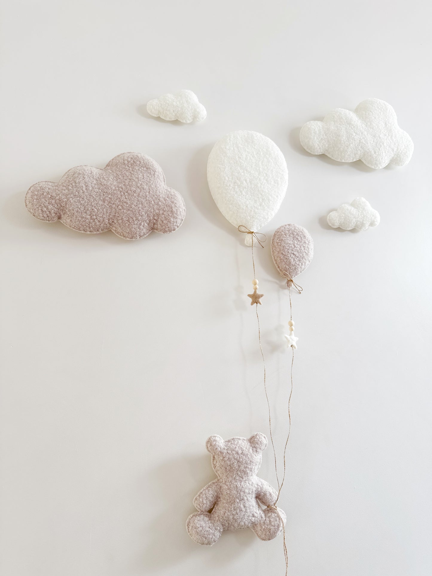 Balloons & Clouds Wall Display Set - 2 Balloons, Large Teddy Bear - Ivory & Stone Bouclé