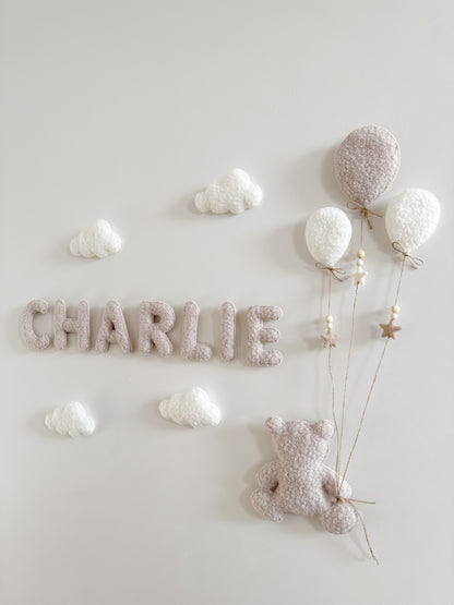 Personalised Name with Large Teddy Bear - Small & Mini Balloons 9pc Wall Display Set - Ivory & Stone Bouclé