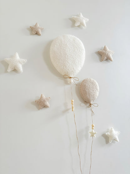 Balloons & Stars Wall Display Set  - 2 Balloons - Small Teddy Bear - Ivory & Ecru Bouclé