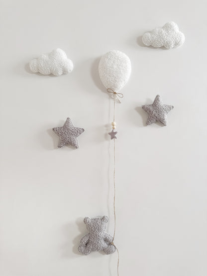 Mini Baby Bear Wall Display Set - Balloon & Teddy Bear with Clouds & Stars - White & Light Grey Bouclé