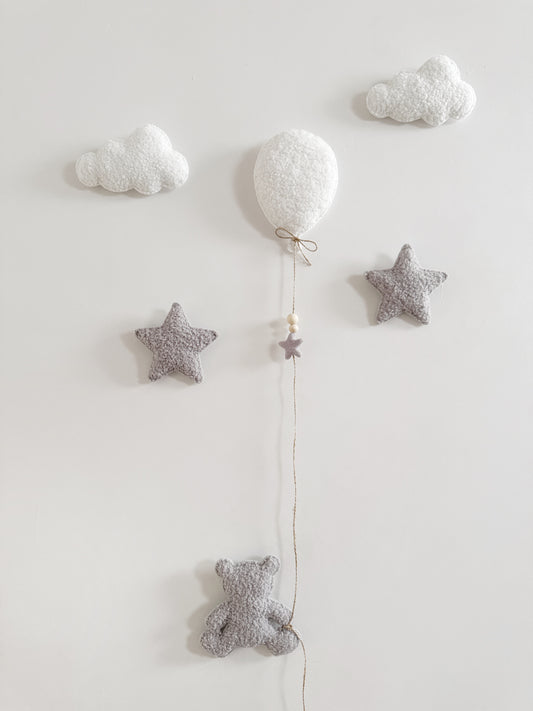 Mini Baby Bear Wall Display Set - Balloon & Teddy Bear with Clouds & Stars - White & Light Grey Bouclé
