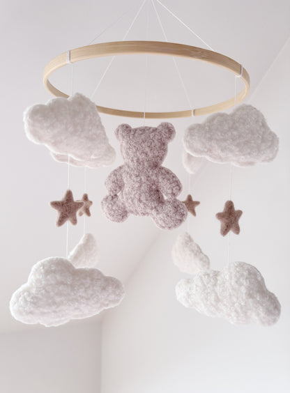 Teddy Bear & Clouds Bouclé Cot Mobile