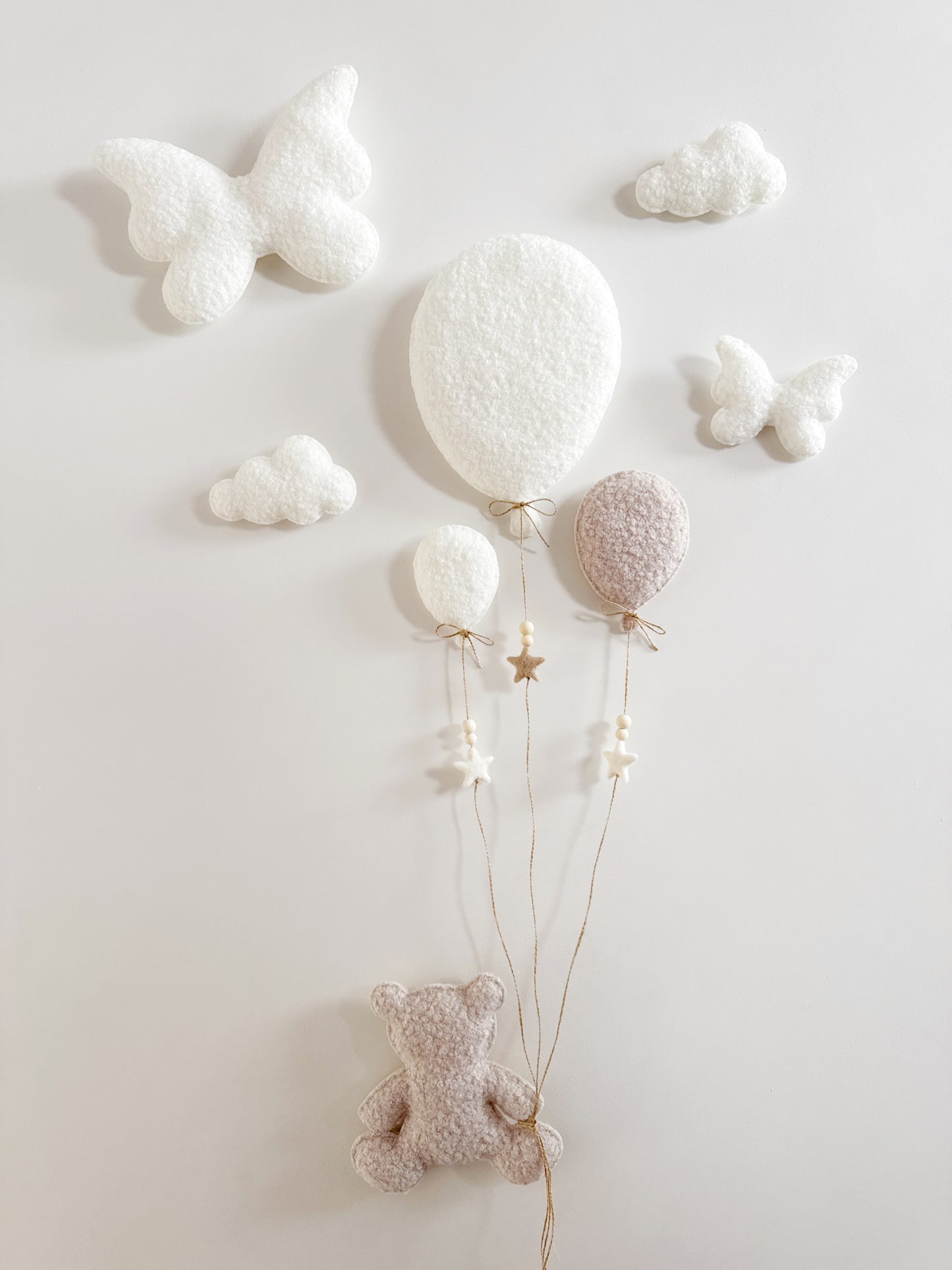Balloons & Butterflies Wall Display Set - 8 piece - Large, Small & Mini Balloons - Large Teddy Bear - Ivory & Stone Bouclé
