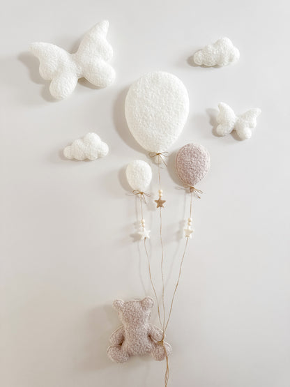 Balloons & Butterflies Wall Display Set - 8 piece - Large, Small & Mini Balloons - Large Teddy Bear - Ivory & Stone Bouclé