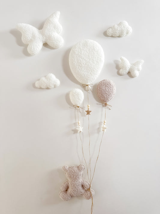 Balloons & Butterflies Wall Display Set - 8 piece - Large, Small & Mini Balloons - Large Teddy Bear - Ivory & Stone Bouclé