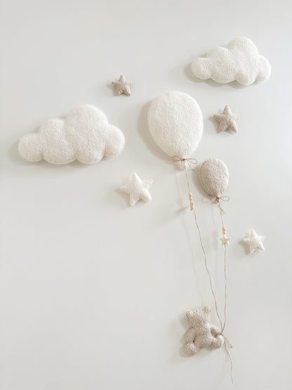 Balloons, Clouds & Stars Wall Display Set - 2 Balloons - Small Teddy Bear - Ivory & Ecru Bouclé