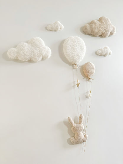 Balloons & Clouds Wall Display Set - 2 Balloons, Large Bunny - Ivory & Ecru Bouclé