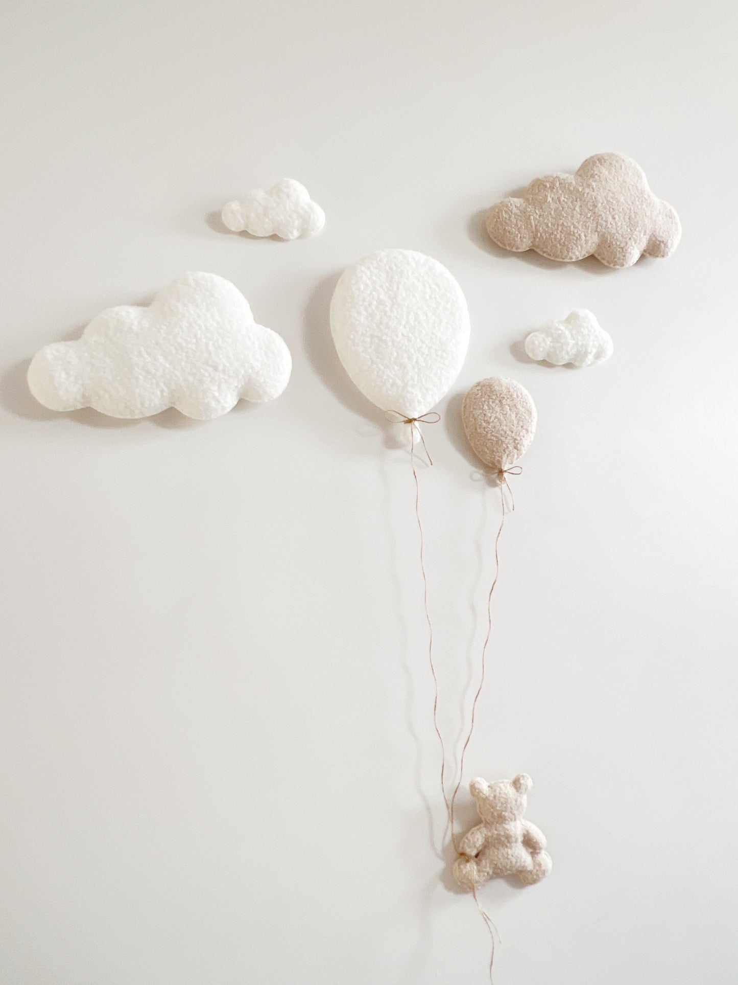 Balloons & Clouds Wall Display Set - 2 Balloons - Small Teddy Bear - Ivory & Ecru Bouclé