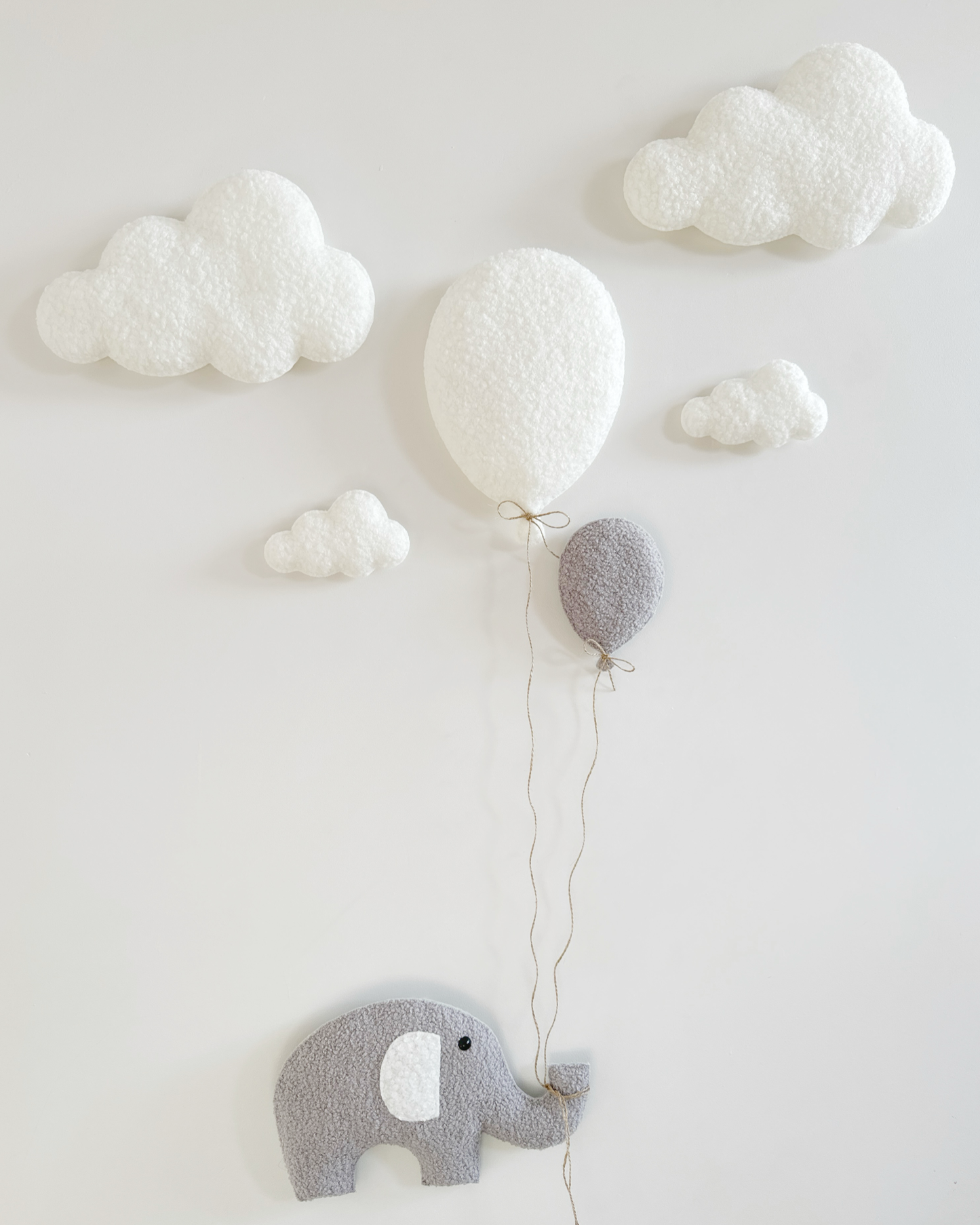 Balloons & Clouds Wall Display Set - 2 Balloons, XL Elephant - Ivory & Light Grey Bouclé