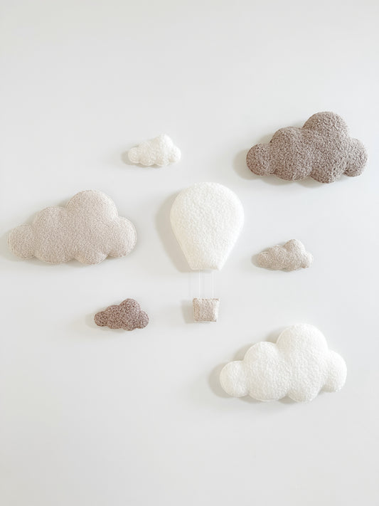 Large Hot Air Balloon Wall Display Set with XL & Small Clouds  - 7 piece set - Ivory, Taupe & Ecru Bouclé