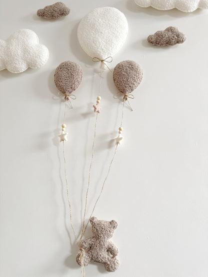 Balloons & Clouds Wall Display Set - 3 Balloons - Small Teddy Bear - Ivory & Taupe Bouclé