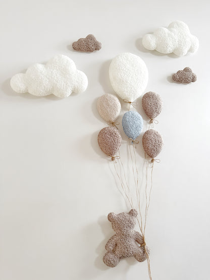 Balloons & Clouds Wall Display Set - 6 Balloons - Large Teddy Bear - Taupe & Baby Blue Mix Bouclé