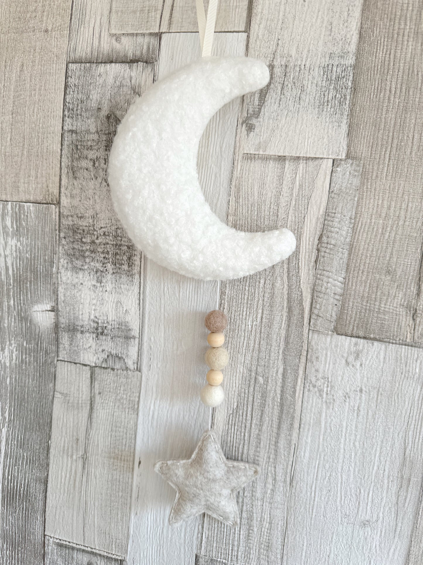 Mini Bouclé Moon & Star Hanging Decoration -  Ivory Bouclé & Oatmeal Felt  - READY TO POST