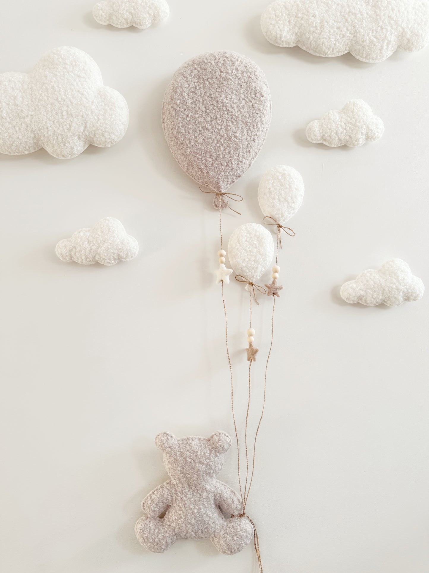 Balloons & Clouds Wall Display Set -10 piece set - Large Teddy Bear - Ivory & Stone Bouclé