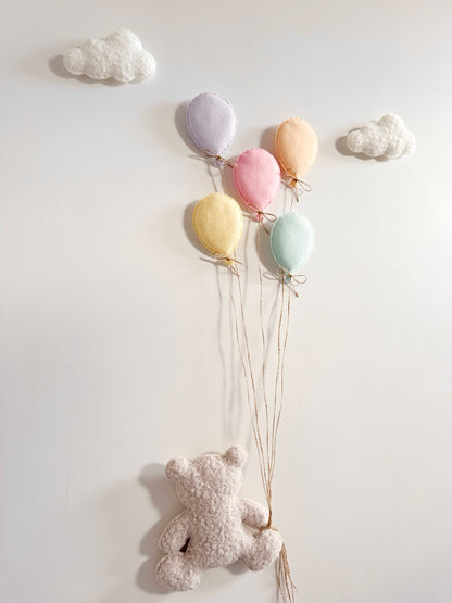 Balloons & Clouds Wall Display Set - 5 Pastel Mini Balloons, Large Teddy Bear - Ivory & Stone Bouclé