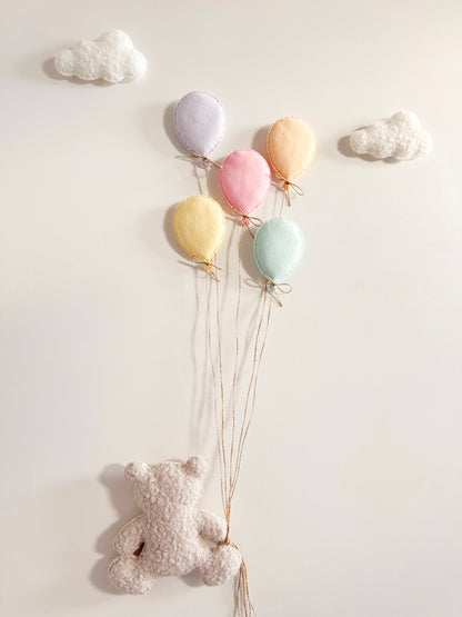 Balloons & Clouds Wall Display Set - 5 Pastel Mini Balloons, Large Teddy Bear - Ivory & Stone Bouclé