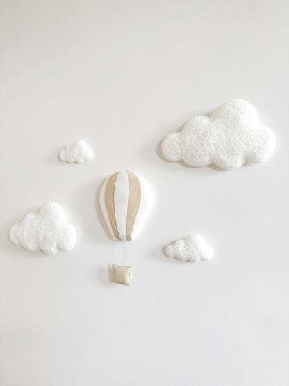 Layered Felt Hot Air Balloon & 4 Bouclé Clouds Wall Display Set - Neutral