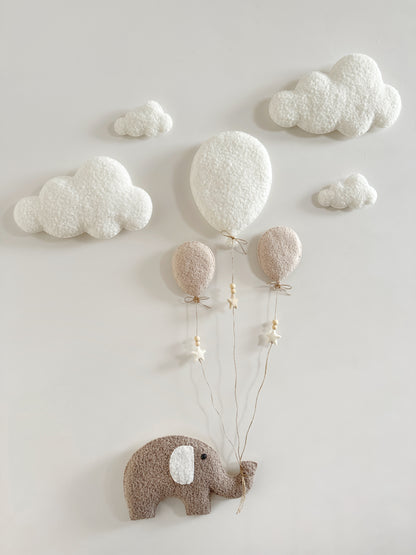 Balloons & Clouds Wall Display Set - 3 Balloons - XL Elephant - Ivory & Ecru Bouclé Balloons