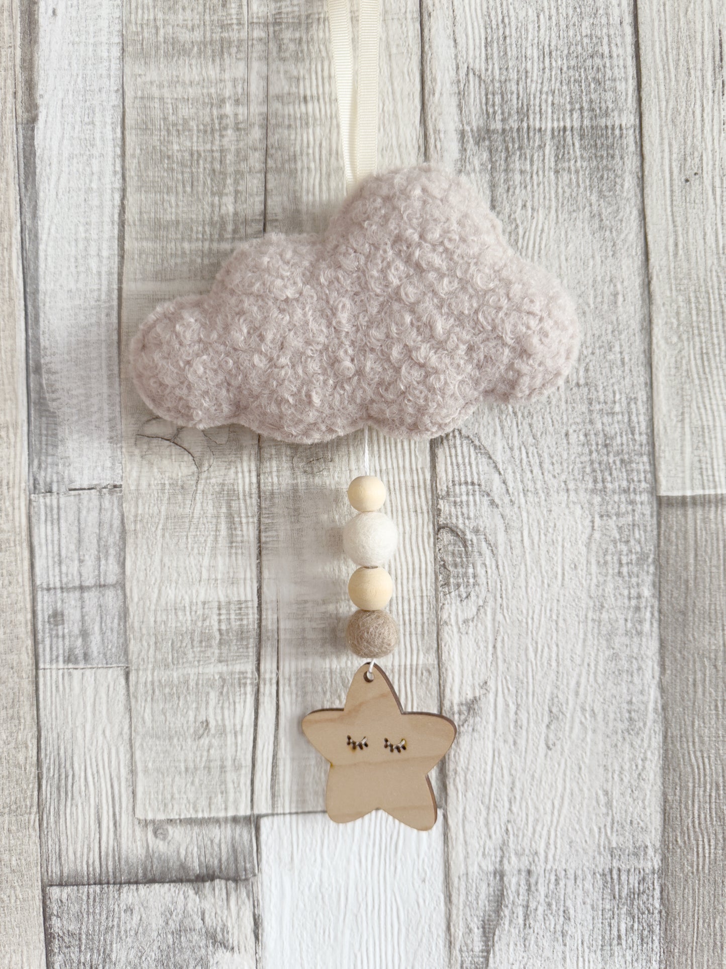 Bouclé Cloud & Sleepy Star Hanging Decoration - Stone Bouclé - READY TO POST