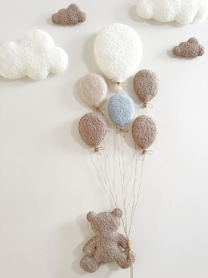 Balloons & Clouds Wall Display Set - 6 Balloons - Large Teddy Bear - Taupe & Baby Blue Mix Bouclé