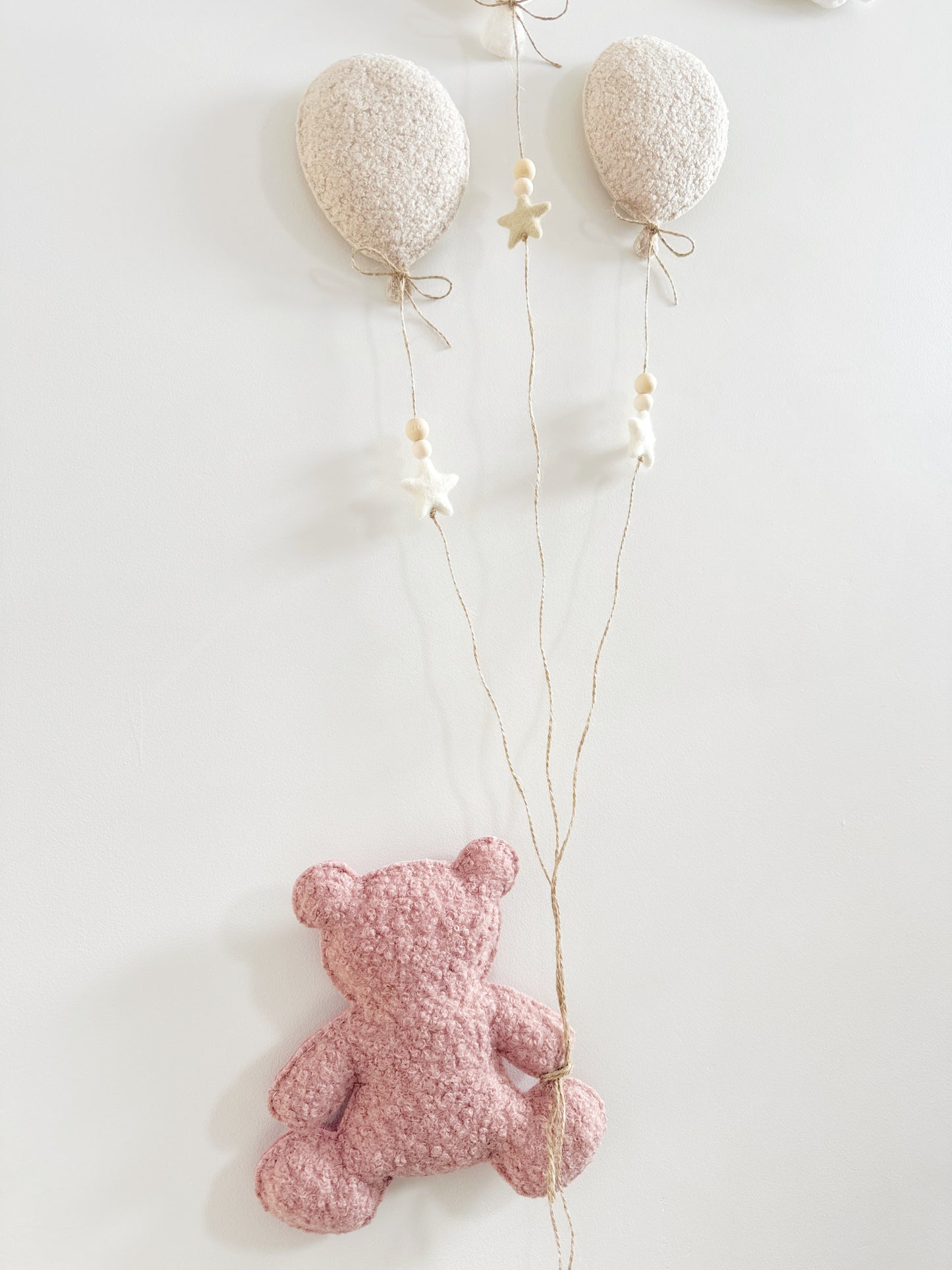 Balloons & Clouds Wall Display Set - 3 Balloons - Large Teddy Bear - Rose Pink, Ivory & Ecru Bouclé