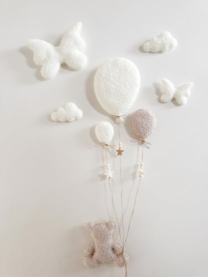 Balloons & Butterflies Wall Display Set - 8 piece - Large, Small & Mini Balloons - Large Teddy Bear - Ivory & Stone Bouclé