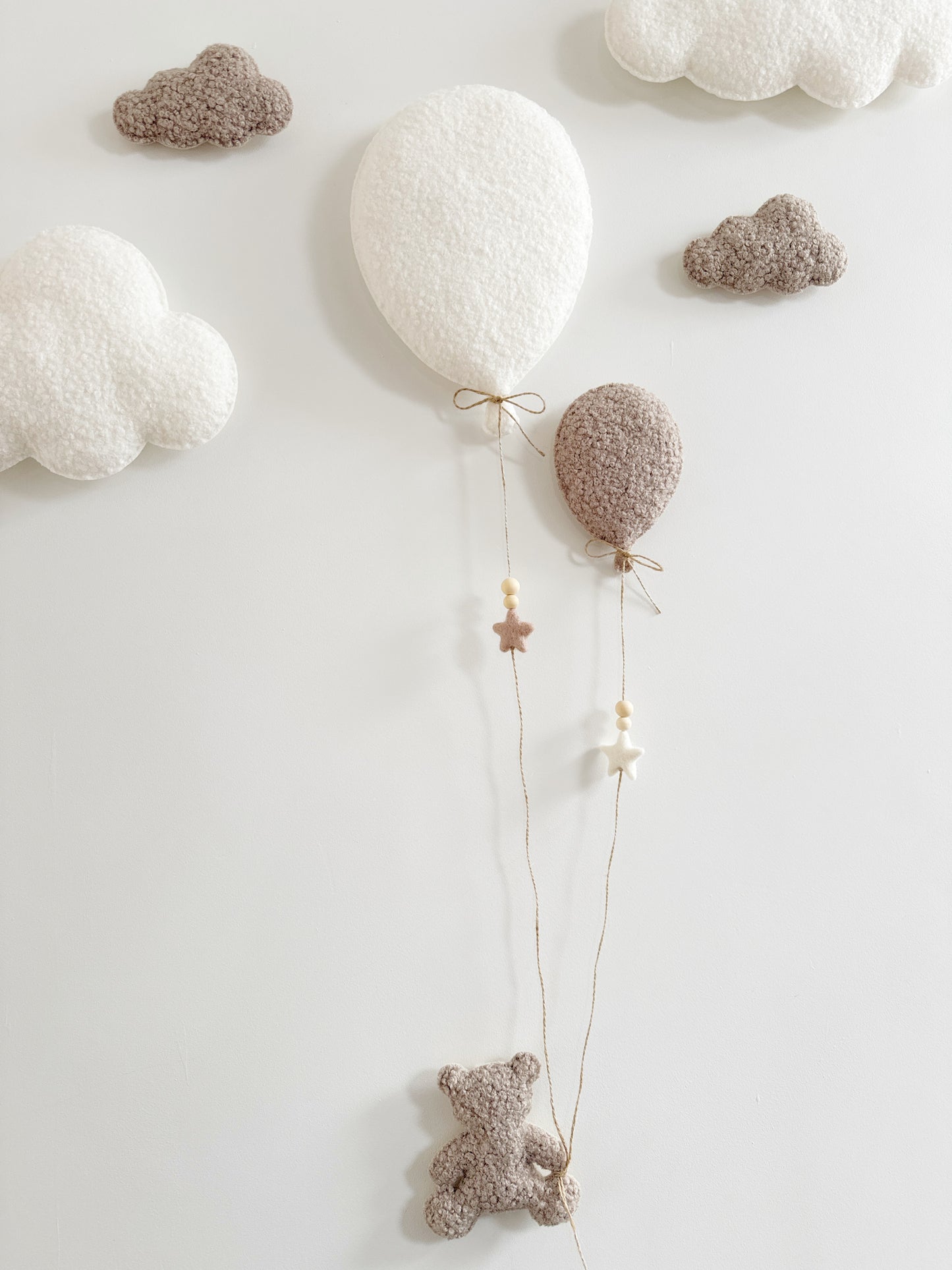 Balloons & Clouds Wall Display Set - 2 Balloons, Small Teddy Bear - Ivory & Taupe Bouclé