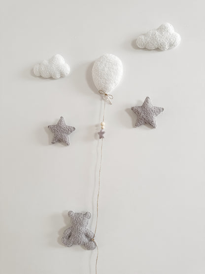 Mini Baby Bear Wall Display Set - Balloon & Teddy Bear with Clouds & Stars - White & Light Grey Bouclé