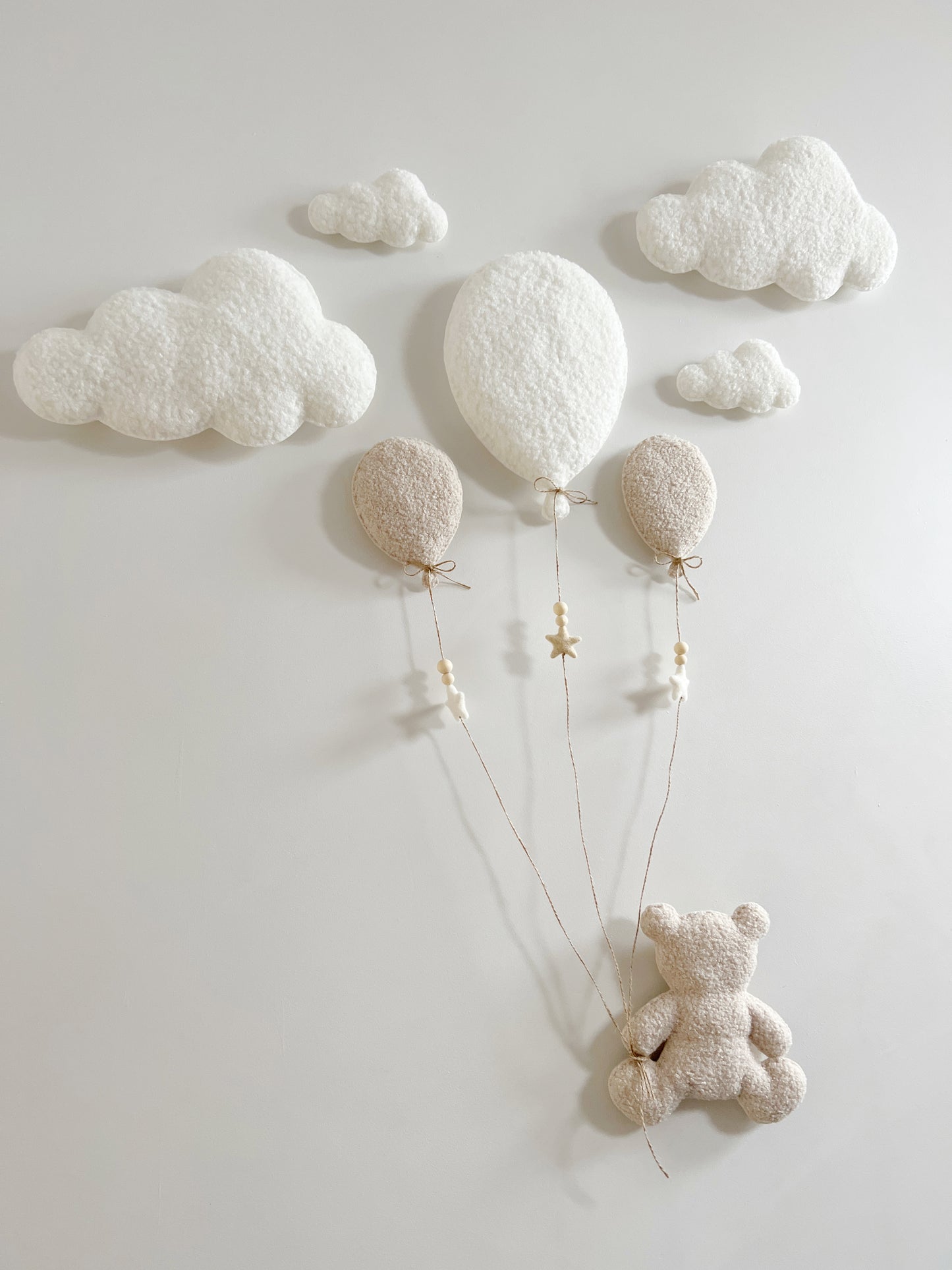 Balloons & Clouds Wall Display Set - 3 Balloons - Large Teddy Bear - Ivory & Ecru Bouclé