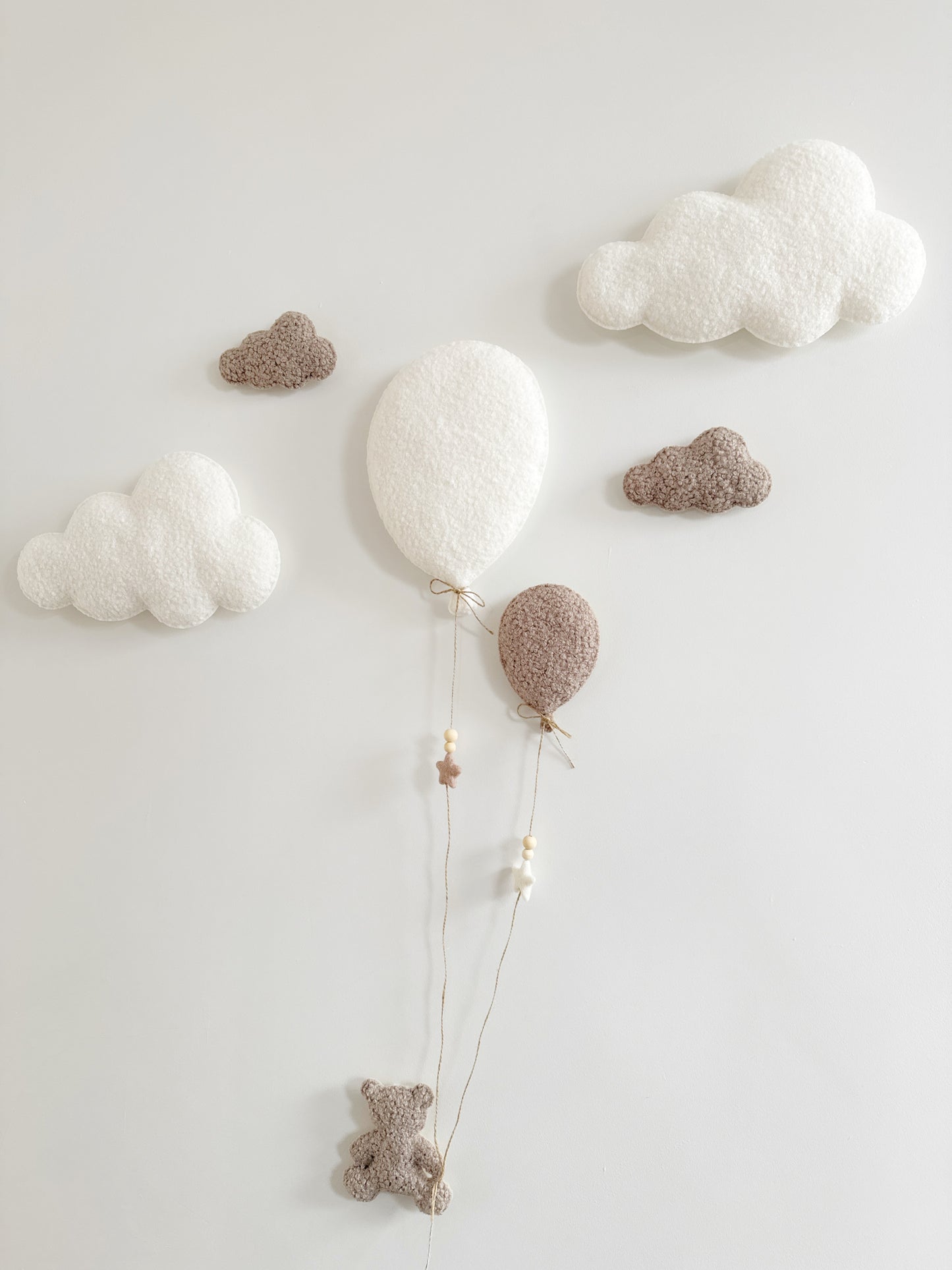 Balloons & Clouds Wall Display Set - 2 Balloons, Small Teddy Bear - Ivory & Taupe Bouclé