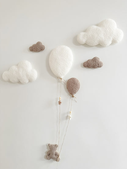 Balloons & Clouds Wall Display Set - 2 Balloons, Small Teddy Bear - Ivory & Taupe Bouclé