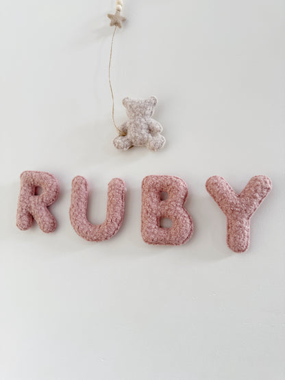 Personalised Name with Mini Teddy Bear, Balloon & Clouds Wall Display Set - Ivory, Rose & Stone Bouclé