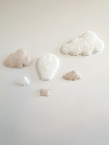 Hot Air Balloon & Clouds Wall Display Set - XL & Small Clouds - Ivory & Ecru Bouclé