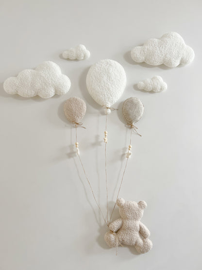 Balloons & Clouds Wall Display Set - 3 Balloons mix in Ivory Bouclé, Ecru Bouclé & Oatmeal Felt - Large Teddy Bear