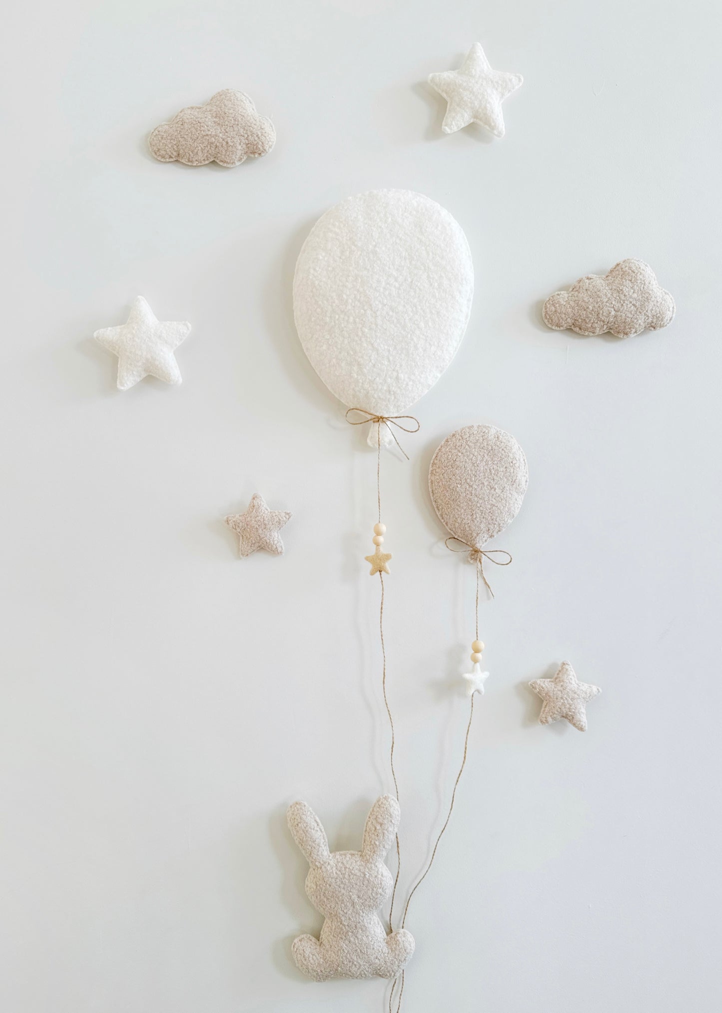 Balloons, Clouds & Stars Wall Display Set  - 2 Balloons - Large Bunny - Ivory & Ecru Bouclé