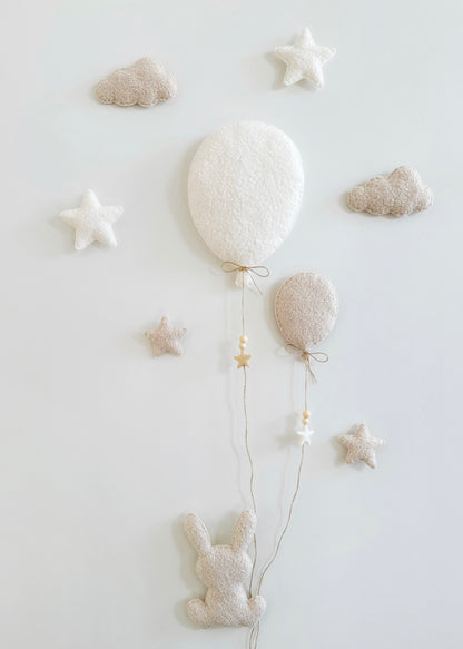 Balloons, Clouds & Stars Wall Display Set  - 2 Balloons - Large Bunny - Ivory & Ecru Bouclé