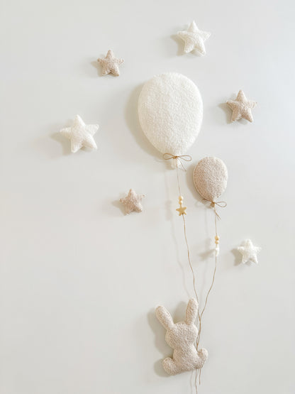 Balloons & Stars Wall Display Set  - 2 Balloons - Large Bunny - Ivory & Ecru Bouclé