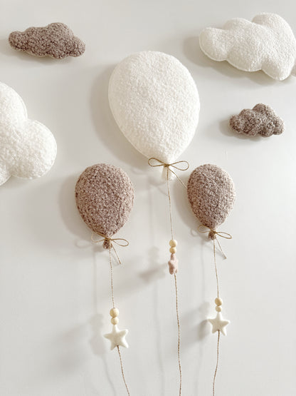 Balloons & Clouds Wall Display Set - 3 Balloons - Small Teddy Bear - Ivory & Taupe Bouclé